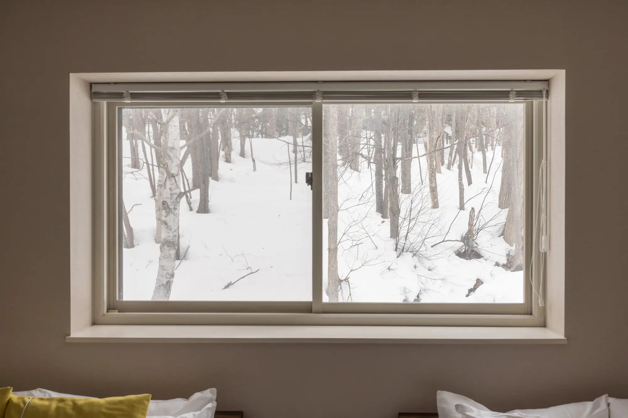 Snow Resort Hermitageのダブルベッドルームと雪景色